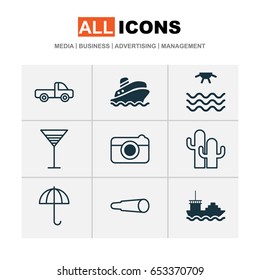 Tourism Icons Set. Collection Of Aperitif, Sunrise, Shipping Tour And Other Elements. Also Includes Symbols Such As Magnifying, Aperitif, Binocular.