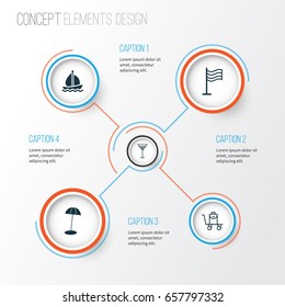 Tourism Icons Set. Collection Of Aperitif, Sail Ship, Coast Parasol And Other Elements. Also Includes Symbols Such As Flag, Conveyor, Place.