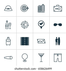 Tourism Icons Set. Collection Of Aperitif, World Travel, Magnifying Glasses And Other Elements. Also Includes Symbols Such As Map, Road, Aperitif.