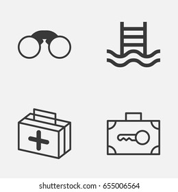 Tourism Icons Set. Collection Of Basin Ladder, Pair Of Glasses, First Aid Bag And Other Elements. Also Includes Symbols Such As Aid, Basin, Binocular.