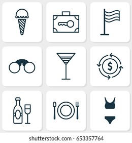 Tourism Icons Set. Collection Of Bathing Costume, Wine, Security Baggage And Other Elements. Also Includes Symbols Such As Eating, Currency, Underwear.