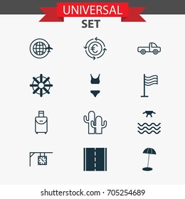 Tourism Icons Set. Collection Of Bathing Costume , World Travel, Trip Handbag Elements. Also Includes Symbols Such As Cacti, Photo, Travel.