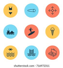 Tourism Icons Set. Collection Of Bathing Costume, Magnifying Glasses, Sunrise And Other Elements. Also Includes Symbols Such As Underwear, Magnifier, Sea.