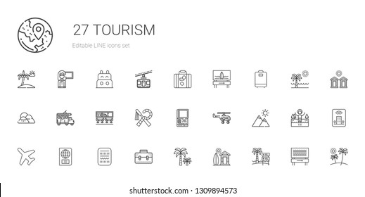 tourism icons set. Collection of tourism with beach, cabin, palm tree, briefcase, egypt, passport, plane, mountain, helicopter, airport, trailer. Editable and scalable tourism icons.