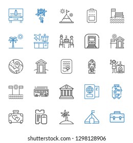 tourism icons set. Collection of tourism with briefcase, tent, palm tree, boarding pass, suitcase, passport, parthenon, bus, beach, campfire. Editable and scalable tourism icons.
