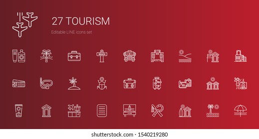 tourism icons set. Collection of tourism with cabin, egypt, surfboard, airport, sun cream, maps, suitcase, briefcase, palm tree, snorkel. Editable and scalable tourism icons.