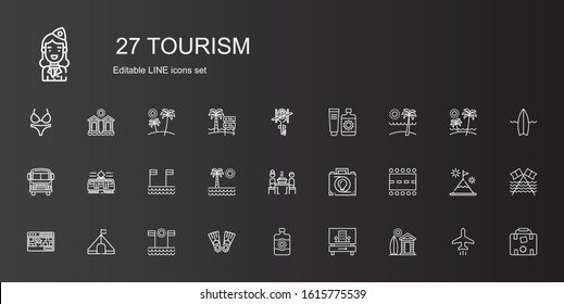 tourism icons set. Collection of tourism with cabin, hotel, sun lotion, flippers, beach, tent, street map, runway, briefcase, korean, tram. Editable and scalable tourism icons.