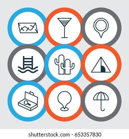 Tourism Icons Set. Collection Of Cacti, Route, Gingham And Other Elements. Also Includes Symbols Such As Pin, Way, Botanic.
