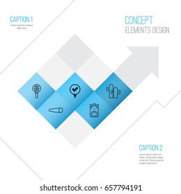Tourism Icons Set. Collection Of Cacti, Checked Pointer, Magnifying Glasses And Other Elements. Also Includes Symbols Such As Field Glasses, Cacti, Backpack.
