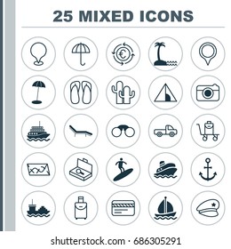 Tourism Icons Set. Collection Of Camping House, Cop Hat, Shipping Tour And Other Elements. Also Includes Symbols Such As Police, Thong, Comfort.
