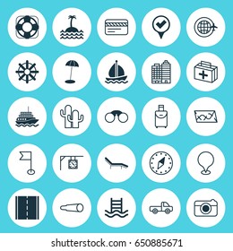 Tourism Icons Set. Collection Of Cardinal Direction, Coast Parasol, World Travel And Other Elements. Also Includes Symbols Such As Botanic, Check, Time.
