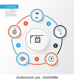 Tourism Icons Set. Collection Of Cardinal Direction, World Travel, Travel Direction And Other Elements. Also Includes Symbols Such As Pennant, Time, North.