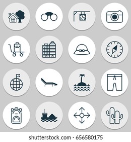 Tourism Icons Set. Collection Of Cardinal Direction, Street, Rucksack And Other Elements. Also Includes Symbols Such As Palm, Swim, House.