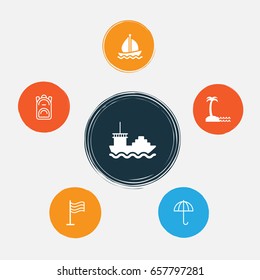 Tourism Icons Set. Collection Of Cargo Boat, Pin, Sail Ship And Other Elements. Also Includes Symbols Such As Tanker, Island, Boat.