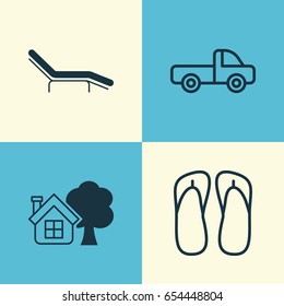 Tourism Icons Set. Collection Of Chaise Longue, Vehicle Car, Ranch Home And Other Elements. Also Includes Symbols Such As Farm, Car, Thong.