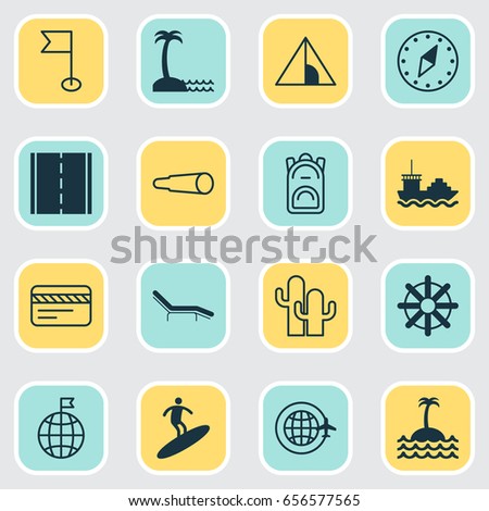 Tourism Icons Set. Collection Of Chaise Longue, Island Beach, Boardsports Elements. Also Includes Symbols Such As Plastic, Sea, North.