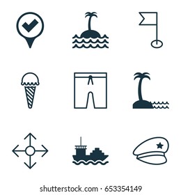 Tourism Icons Set. Collection Of Checked Pointer, Ensign, Swimming Clothes And Other Elements. Also Includes Symbols Such As Pennant, Beach, Direction.