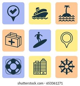 Tourism Icons Set. Collection Of Checked Pointer, Marker, Hotel And Other Elements. Also Includes Symbols Such As Wheel, Cruise, Pointer.