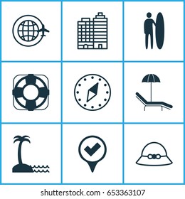 Tourism Icons Set. Collection Of Checked Pointer, Sea Rescue, Surf-Board And Other Elements. Also Includes Symbols Such As Summer, Surf-Board, Earth.
