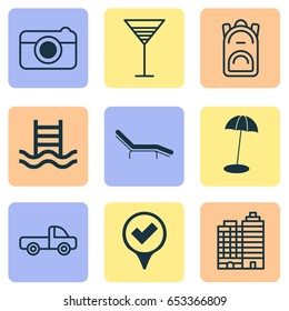 Tourism Icons Set. Collection Of Checked Pointer, Vehicle Car, Street And Other Elements. Also Includes Symbols Such As Road, Pointer, Hotel.