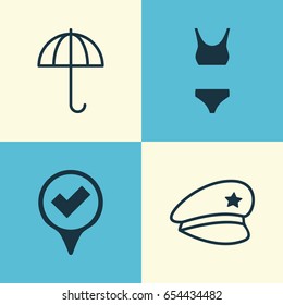 Tourism Icons Set. Collection Of Checked Pointer, Cop Hat, Gingham And Other Elements. Also Includes Symbols Such As Underwear, Police, Gingham.