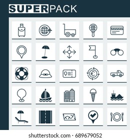 Tourism Icons Set. Collection Of Checked Pointer, Direction Arrows, Freight Trolley And Other Elements. Also Includes Symbols Such As Field Glasses, Restaurant, Exchange.