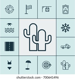 Tourism Icons Set. Collection Of Coast Parasol, Photo Camera, Cacti And Other Elements. Also Includes Symbols Such As Clothes, Snapshot, Bag.