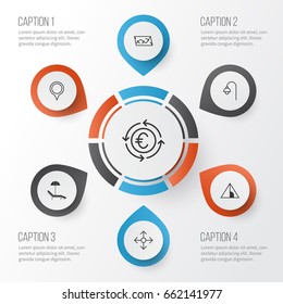 Tourism Icons Set. Collection Of Currency Recycle, Marker, Camping House And Other Elements. Also Includes Symbols Such As Camping, Marker, Road.
