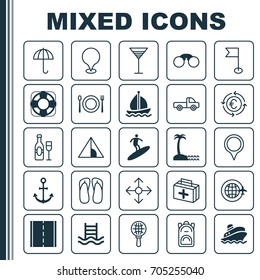 Tourism Icons Set. Collection Of Direction Arrows, World Travel, Globe Search And Other Elements. Also Includes Symbols Such As Thong, Slipper, Rucksack.