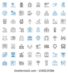 tourism icons set. Collection of tourism with egypt, luggage, sun cream, palm tree, school bus, passport, cabins, runway, beach, guide, briefcase. Editable and scalable tourism icons.