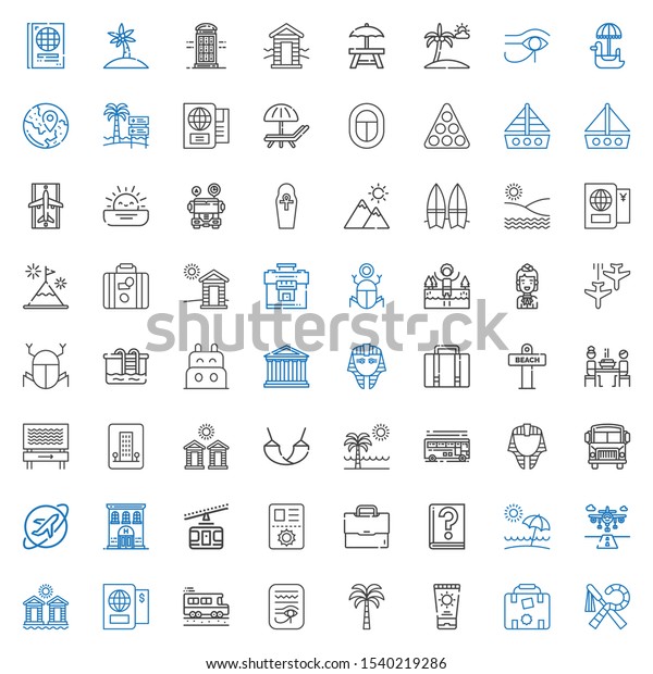 tourism\
icons set. Collection of tourism with egypt, luggage, sun cream,\
palm tree, school bus, passport, cabins, runway, beach, guide,\
briefcase. Editable and scalable tourism\
icons.