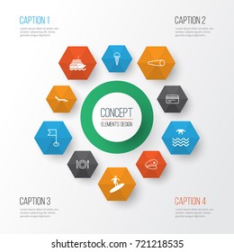 Tourism Icons Set. Collection Of Ensign, Boardsports, Sunrise And Other Elements. Also Includes Symbols Such As Binocular, Cop, Magnifying.