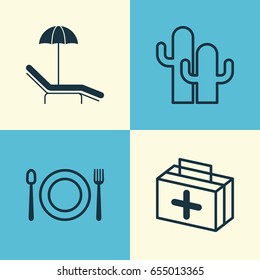 Tourism Icons Set. Collection Of First Aid Bag, Relax Chair, Eating And Other Elements. Also Includes Symbols Such As Chair, Medicine, Botanic.