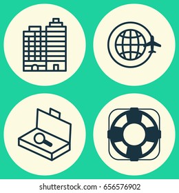 Tourism Icons Set. Collection Of Hotel, World Travel, Suitcase Checking And Other Elements. Also Includes Symbols Such As Earth, Complex, Lifebuoy.