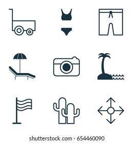 Tourism Icons Set. Collection Of Island Beach, Direction Arrows , Pin Elements. Also Includes Symbols Such As Island, Road, Bikini.