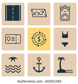 Tourism Icons Set. Collection Of Island Beach, Rucksack, Sunrise Elements. Also Includes Symbols Such As Island, Ticket, Camera.