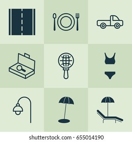 Tourism Icons Set. Collection Of Lamppost, Bathing Costume, Eating And Other Elements. Also Includes Symbols Such As Light, Lamppost, Chair.