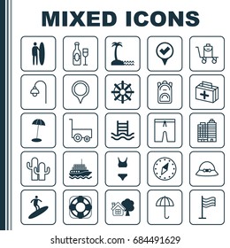Tourism Icons Set. Collection Of Lamppost, Boardsports, Coast Parasol And Other Elements. Also Includes Symbols Such As Helm, Check, Swim.