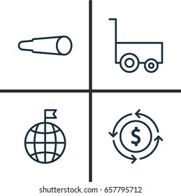 Tourism Icons Set. Collection Of Magnifying Glasses, Travel Direction, Money Recycle And Other Elements. Also Includes Symbols Such As Chart, Trolley, World.
