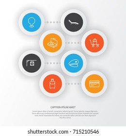Tourism Icons Set. Collection Of Map Pointer, Trip Handbag, Baggage On Conveyor Elements. Also Includes Symbols Such As Police, Time, Chair.