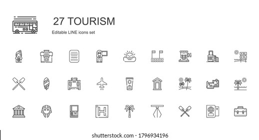 tourism icons set. Collection of tourism with paddles, hook, palm tree, hotel, passport, egyptian, parthenon, beach, cabin, sun cream, plane. Editable and scalable tourism icons.