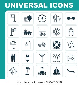 Tourism Icons Set. Collection Of Pin, Trip Handbag, Summer Glasses Elements. Also Includes Symbols Such As Surfing, Lamppost, Beach.