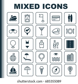 Tourism Icons Set. Collection Of Rucksack, Bathing Costume, Cop Hat And Other Elements. Also Includes Symbols Such As Travel, Ship, Direction.
