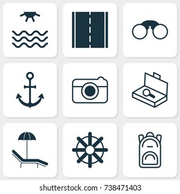 Tourism Icons Set. Collection Of Rucksack, Suitcase Checking, Photo Camera And Other Elements. Also Includes Symbols Such As Helm, Road, Pair Of Glasses.