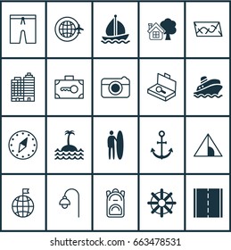 Tourism Icons Set. Collection Of Sail Ship, Ship Hook, Steering Wheel And Other Elements. Also Includes Symbols Such As Surfer, Swim, Wheel.