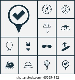 Tourism Icons Set. Collection Of Shipping Tour, Pair Of Glasses, Money Recycle And Other Elements. Also Includes Symbols Such As North, Mark, Hat.