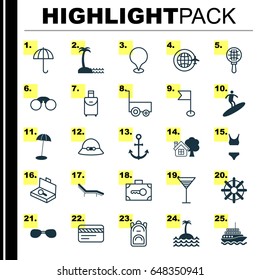 Tourism Icons Set. Collection Of Suitcase Checking, Coast Parasol, Ensign And Other Elements. Also Includes Symbols Such As Island, Helm, Sea.