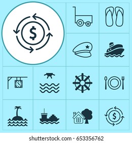 Tourism Icons Set. Collection Of Sunrise, Cop Hat, Money Recycle And Other Elements. Also Includes Symbols Such As Ship, Cruise, Tour.