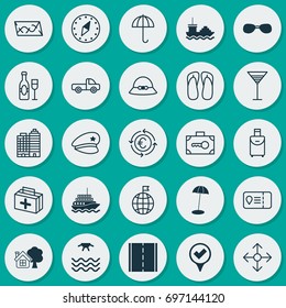 Tourism Icons Set. Collection Of Sunrise, Checked Pointer, Route And Other Elements. Also Includes Symbols Such As Medicine, Aperitif, Police.