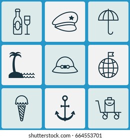 Tourism Icons Set. Collection Of Travel Direction, Ship Hook, Baggage On Conveyor And Other Elements. Also Includes Symbols Such As Cream, Flag, World.